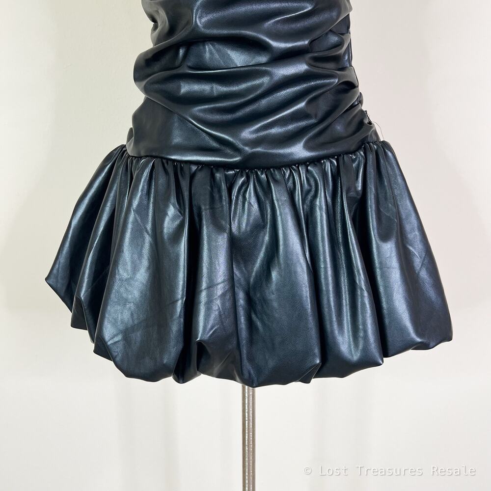 AKIRA | Black Faux Leather Bubble Hem Fitted Drop Waist Strapless Mini Dress XL - Picture 4 of 11
